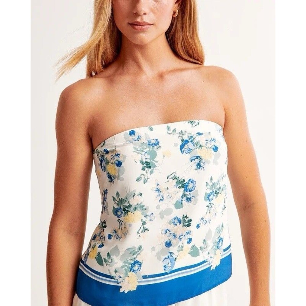 Abercrombie Faux Silk Tube Top Medium Blue Yellow Floral Satin Strapless EUC